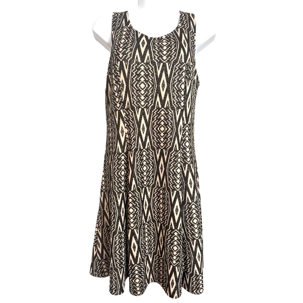 COLLECTIVE CONCEPTS Black & Gold Geometric Fit & Flare Dress. Size L